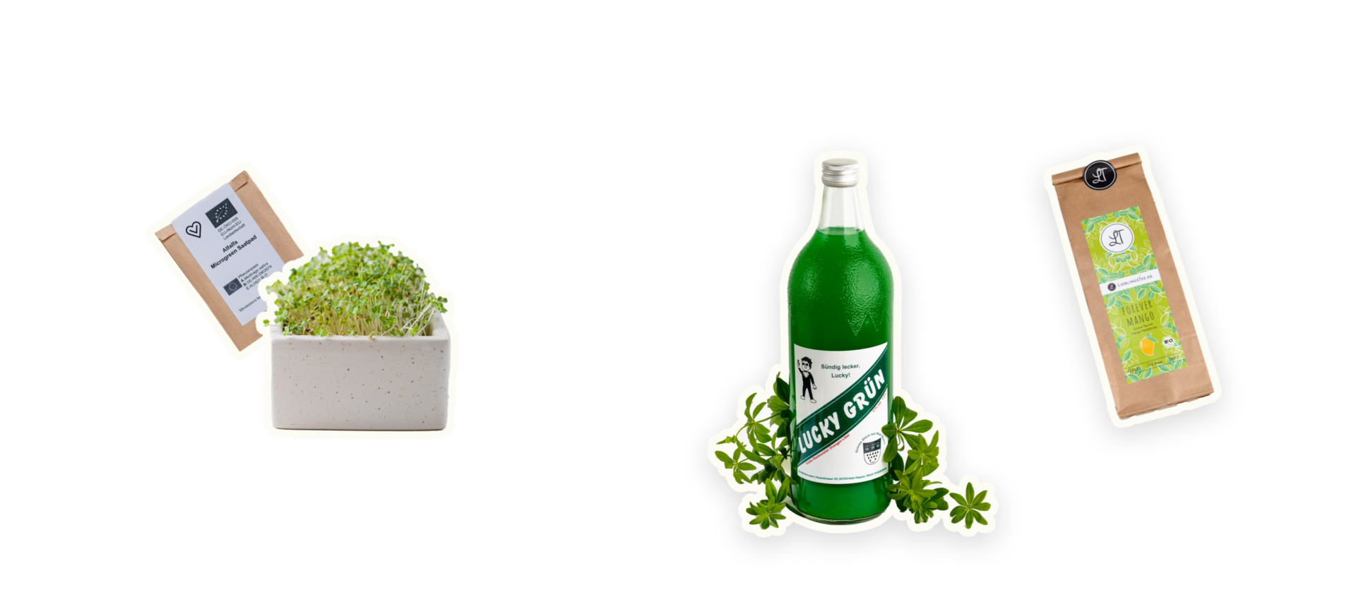 Microgreens, Waldmeisterlikör und Tee