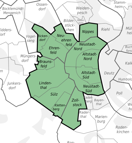 Eine Karte, die die Kölner Stadtteile zeigt und das Bringsl Liefergebiet markiert wurde